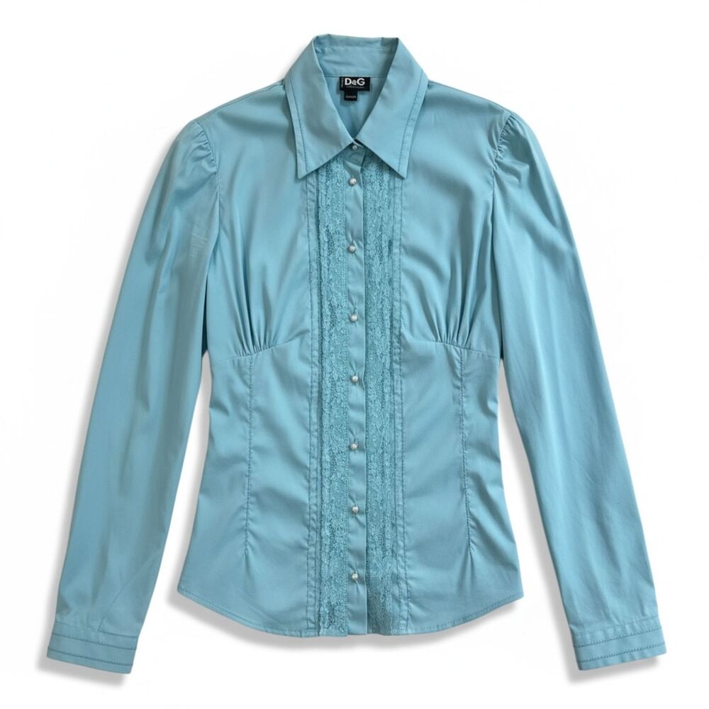 D&G Dolce & Gabbana Archival Turquoise Lace Pearl Button Long Sleeve Sz US 2